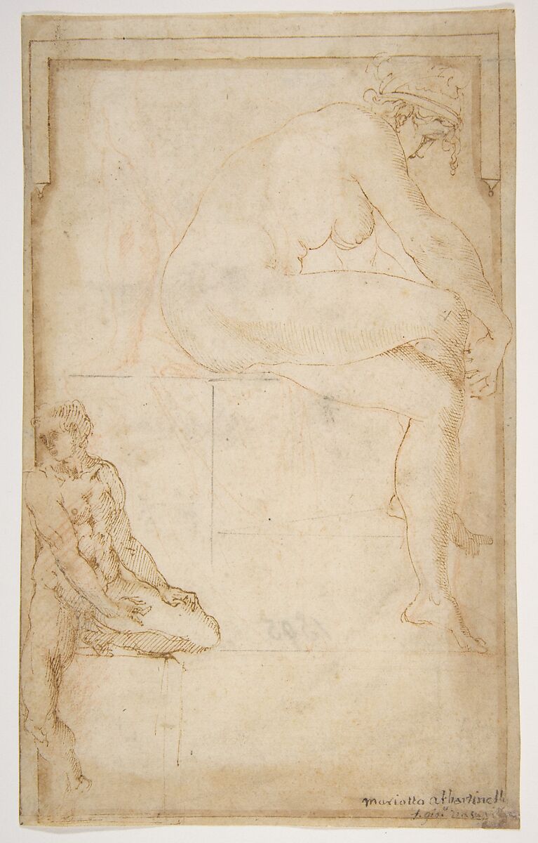Two Figures in an Architectural Setting: A Female Nude Seated in a Profile View and  a Seated Male Nude in a Three-Quarter View with the Left Leg Bent, circle of Rosso Fiorentino (Italian, Florence 1494–1540 Fontainebleau), Pen and brown ink, red and black chalk. 