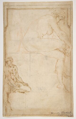 Two Figures in an Architectural Setting: A Female Nude Seated in a Profile View and  a Seated Male Nude in a Three-Quarter View with the Left Leg Bent