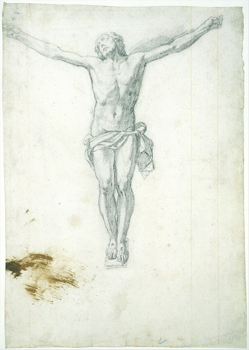 Christ on the Cross, Attributed to Girolamo Muziano (Italian, Acquafredda, Brescia 1528–1592 Rome), Black chalk; traces of reddish-brown oil paint at lower left