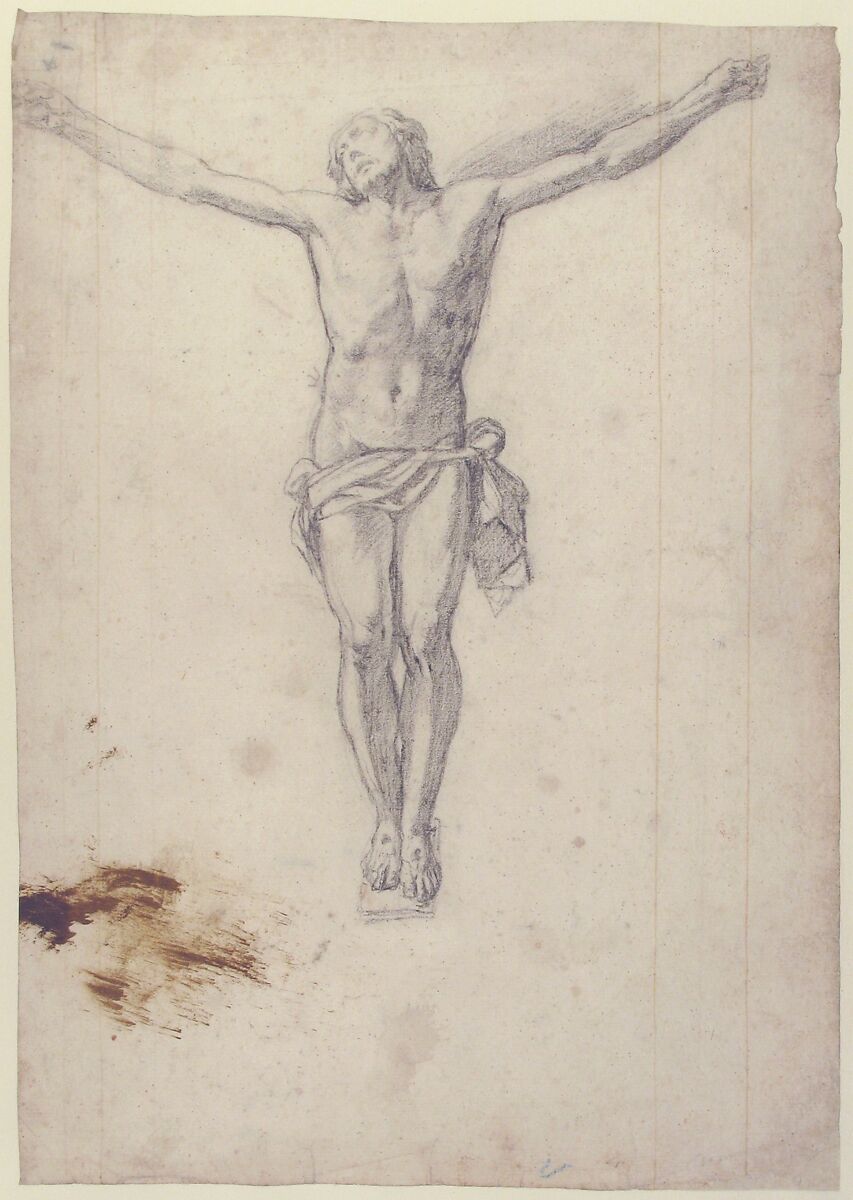 Christ on the Cross, Attributed to Girolamo Muziano (Italian, Acquafredda, Brescia 1528–1592 Rome), Black chalk; traces of reddish-brown oil paint at lower left
