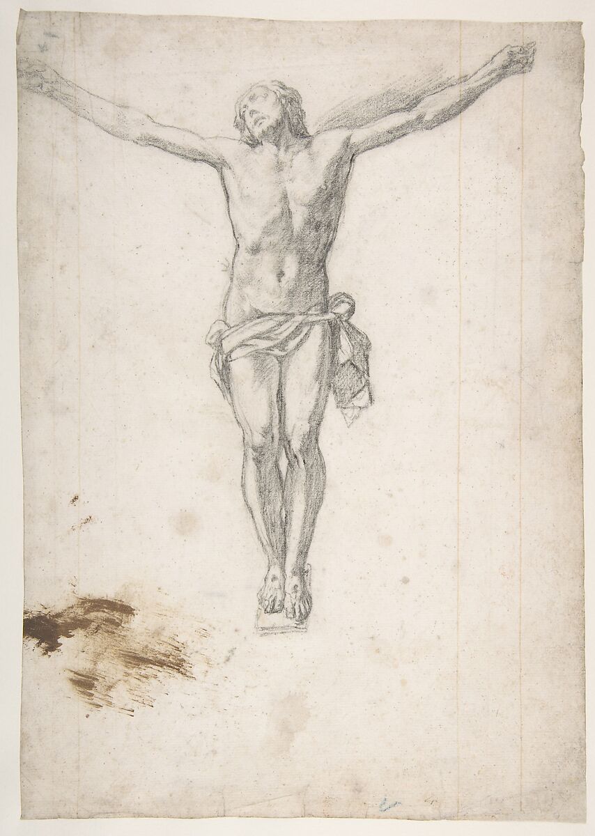 Christ on the Cross, Attributed to Girolamo Muziano (Italian, Acquafredda, Brescia 1528–1592 Rome), Black chalk; traces of reddish-brown oil paint at lower left 