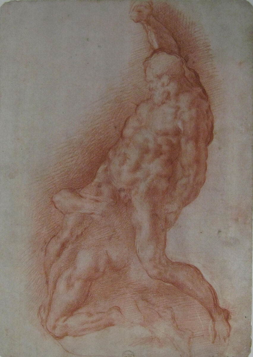 Samson Slaying the Philistine, after Michelangelo (recto); Figure of Fury, after Rosso Fiorentino (verso), Giovanni Battista Naldini (Italian, Florence 1535–1591 Florence), Red chalk (recto); black chalk (verso)