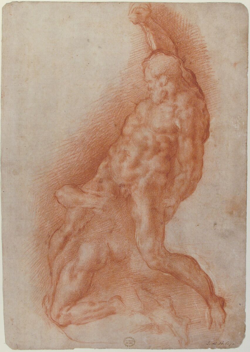 Samson Slaying the Philistine, after Michelangelo (recto); Figure of Fury, after Rosso Fiorentino (verso), Giovanni Battista Naldini (Italian, Florence 1535–1591 Florence), Red chalk (recto); black chalk (verso)