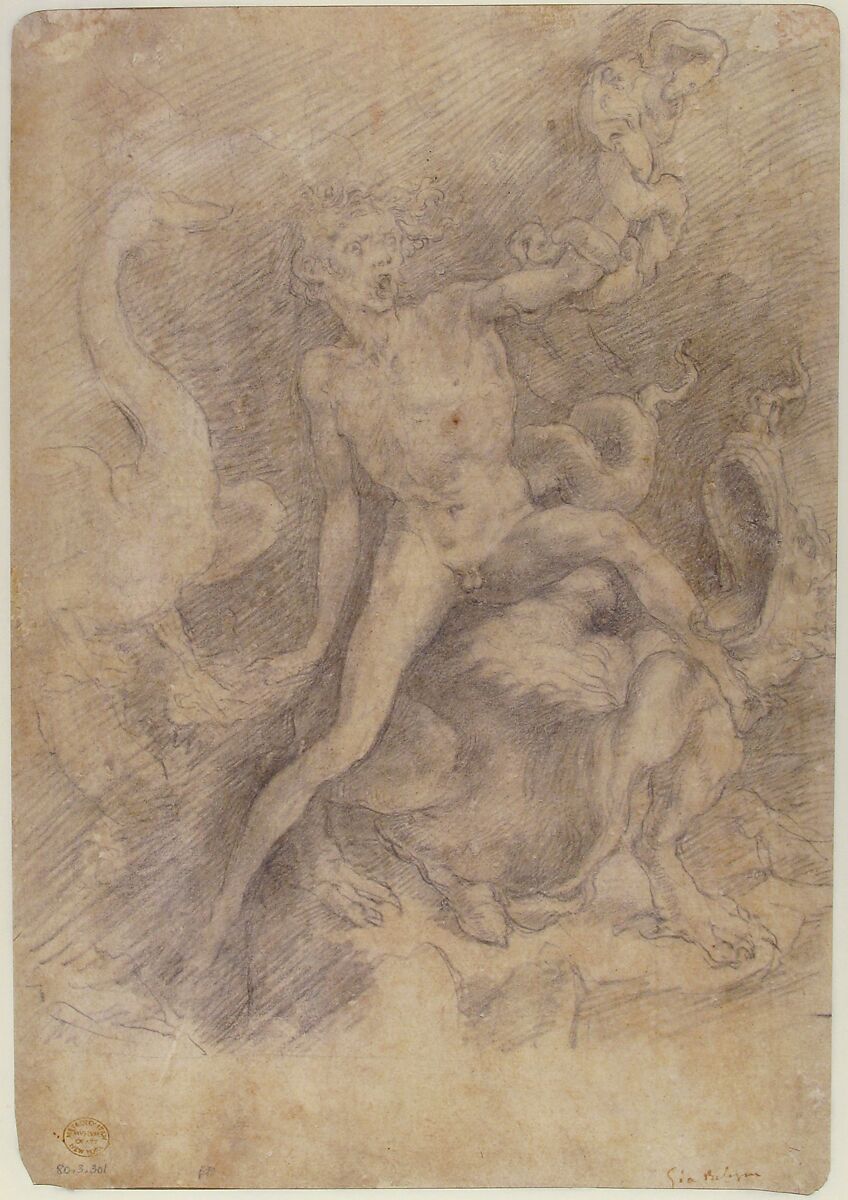 Samson Slaying the Philistine, after Michelangelo (recto); Figure of Fury, after Rosso Fiorentino (verso), Giovanni Battista Naldini (Italian, Florence 1535–1591 Florence), Red chalk (recto); black chalk (verso)