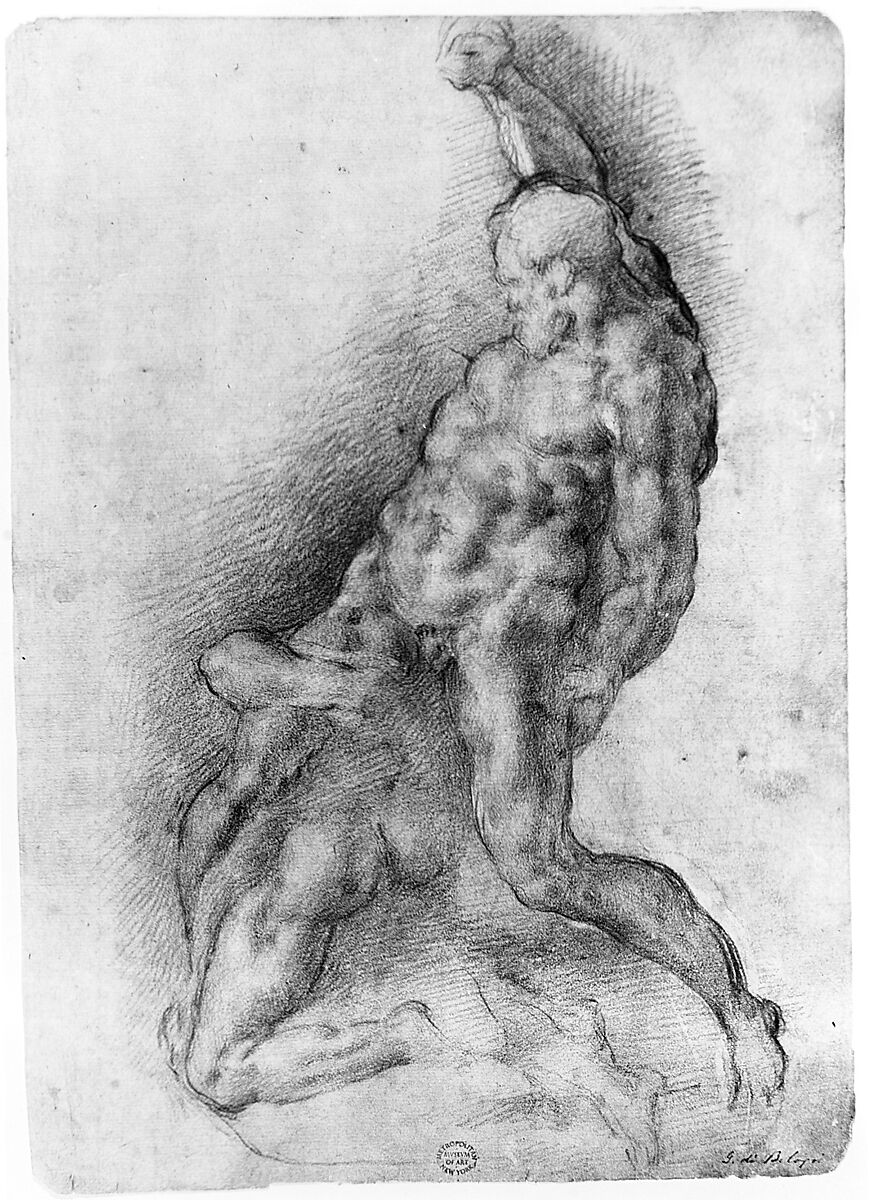 Samson Slaying the Philistine, after Michelangelo (recto); Figure of Fury, after Rosso Fiorentino (verso), Giovanni Battista Naldini (Italian, Florence 1535–1591 Florence), Red chalk (recto); black chalk (verso)