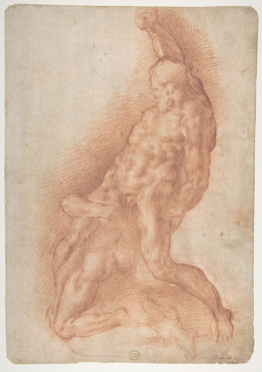 Samson Slaying the Philistine, after Michelangelo (recto); Figure of Fury, after Rosso Fiorentino (verso), Giovanni Battista Naldini (Italian, Florence 1535–1591 Florence), Red chalk (recto); black chalk (verso) 