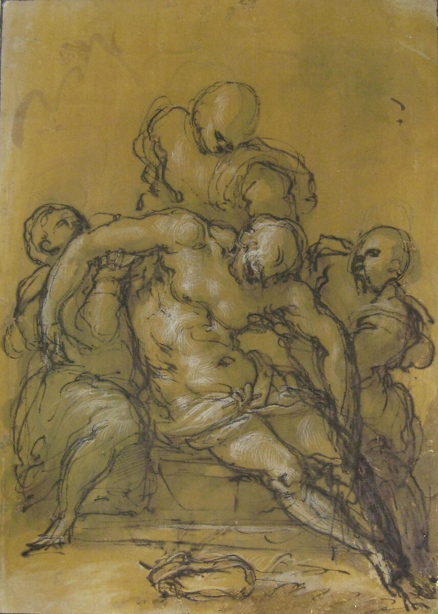 The Dead Christ Supported by Three Figures, Giovanni Battista Naldini (Italian, Florence 1535–1591 Florence), Pen and brown ink, brush and brown wash, highlighted with white, over black chalk, on brown-washed paper