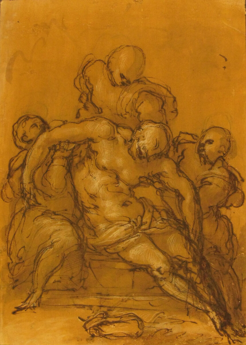The Dead Christ Supported by Three Figures, Giovanni Battista Naldini (Italian, Florence 1535–1591 Florence), Pen and brown ink, brush and brown wash, highlighted with white, over black chalk, on brown-washed paper