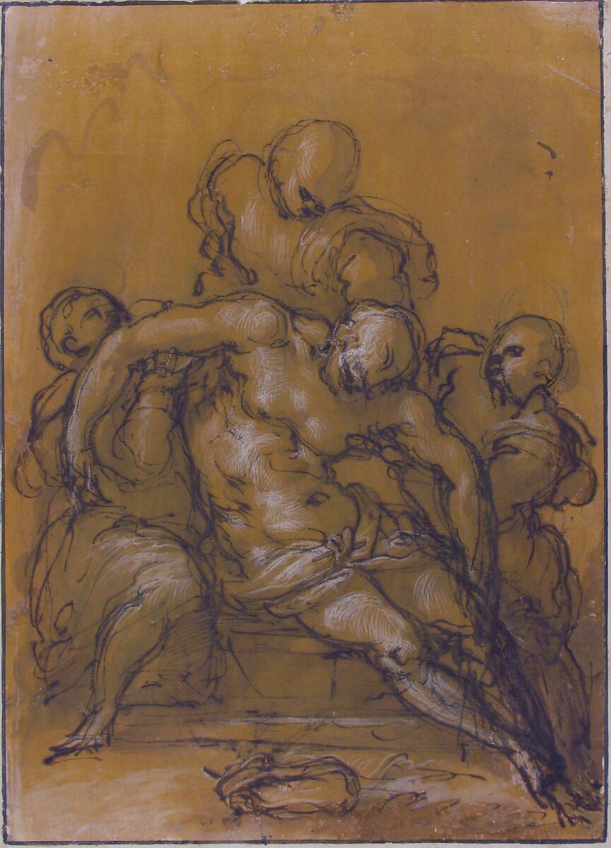 The Dead Christ Supported by Three Figures, Giovanni Battista Naldini (Italian, Florence 1535–1591 Florence), Pen and brown ink, brush and brown wash, highlighted with white, over black chalk, on brown-washed paper