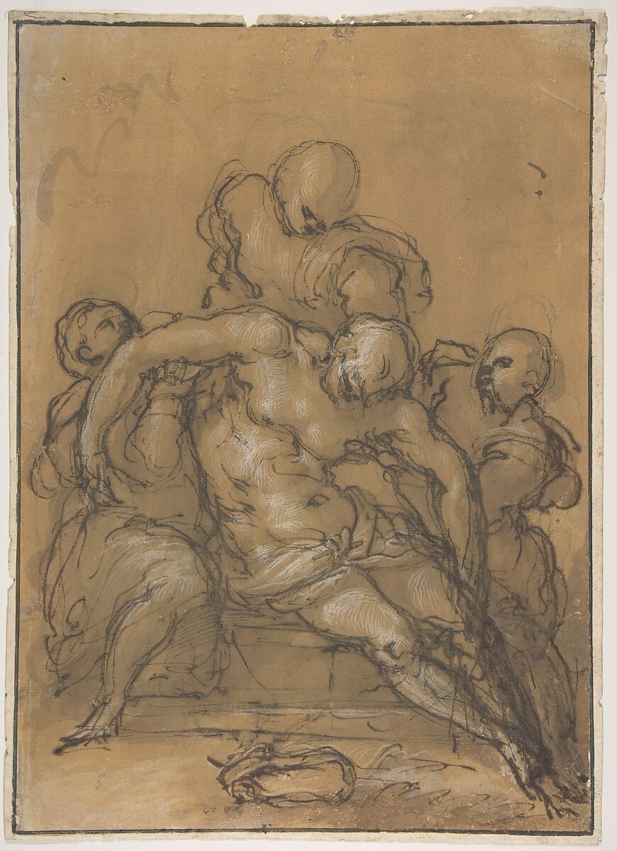 The Dead Christ Supported by Three Figures, Giovanni Battista Naldini (Italian, Florence 1535–1591 Florence), Pen and brown ink, brush and brown wash, highlighted with white, over black chalk, on brown-washed paper 