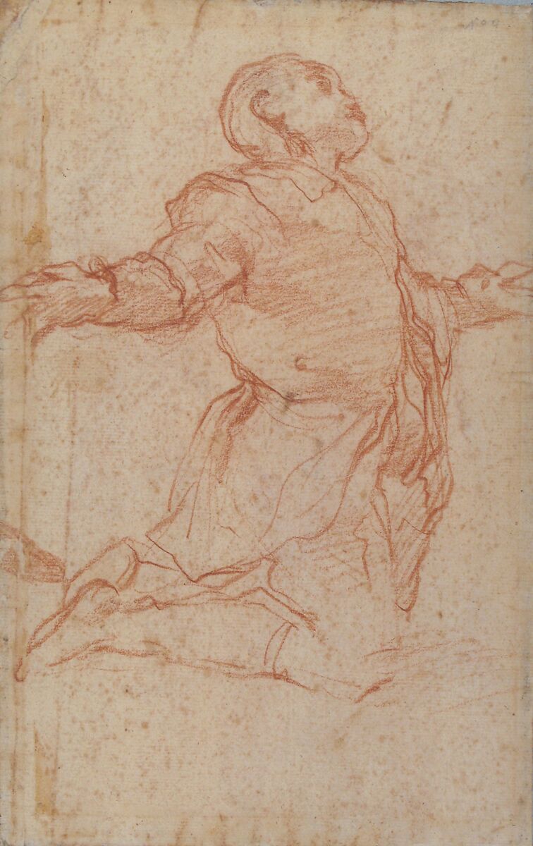 Kneeling Male Figure with Outstretched Arms (recto); Semi-Nude Seated Male Figure seen from Behind (verso), Attributed to Giovanni Battista Naldini (Italian, Florence 1535–1591 Florence), Red chalk (recto and verso)