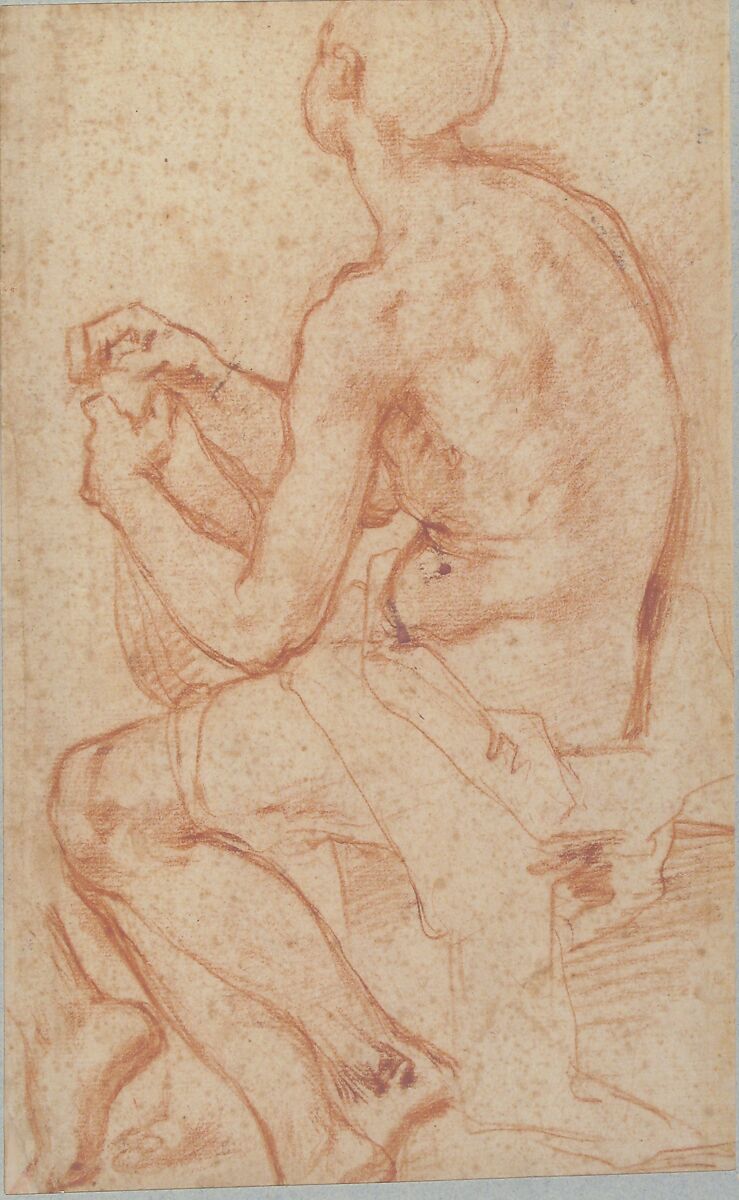 Kneeling Male Figure with Outstretched Arms (recto); Semi-Nude Seated Male Figure seen from Behind (verso), Attributed to Giovanni Battista Naldini (Italian, Florence 1535–1591 Florence), Red chalk (recto and verso)