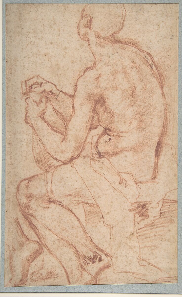 Kneeling Male Figure with Outstretched Arms (recto); Semi-Nude Seated Male Figure seen from Behind (verso), Attributed to Giovanni Battista Naldini (Italian, Florence 1535–1591 Florence), Red chalk (recto and verso)
