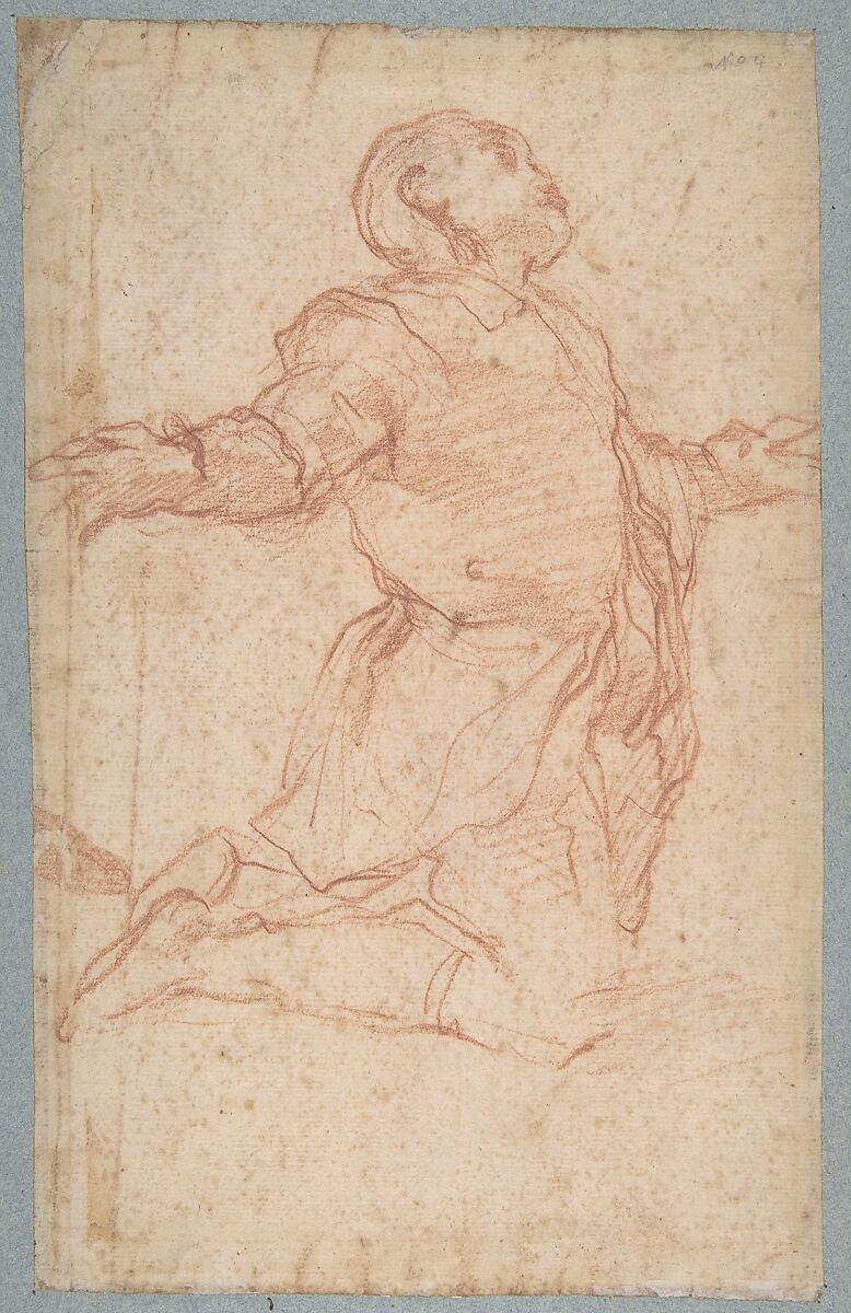 Kneeling Male Figure with Outstretched Arms (recto); Semi-Nude Seated Male Figure seen from Behind (verso), Attributed to Giovanni Battista Naldini (Italian, Florence 1535–1591 Florence), Red chalk (recto and verso) 