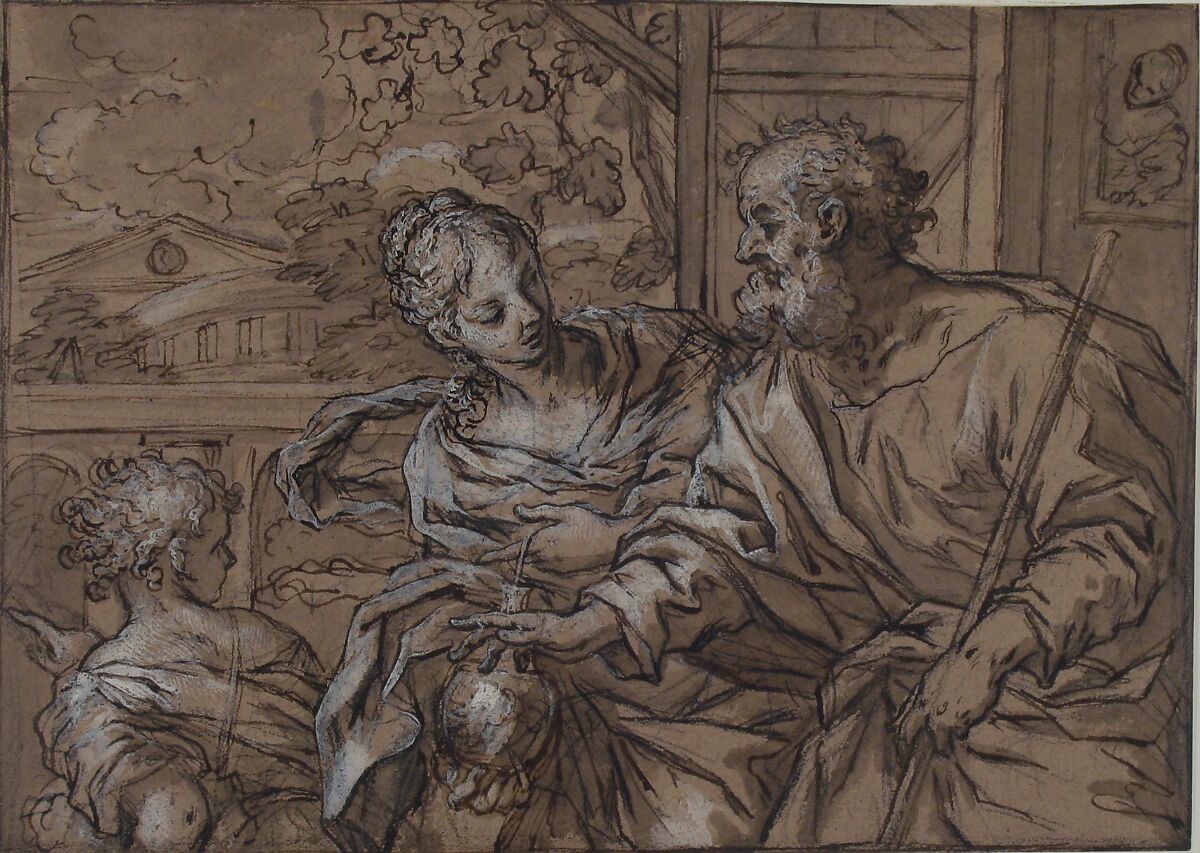 The Dismissal of Hagar, Giuseppe Nicola Nasini (Italian, Castel del Piano 1657–1736 Siena), Pen and brown ink, brush and brown wash, highlighted with white, over black chalk, on brown paper