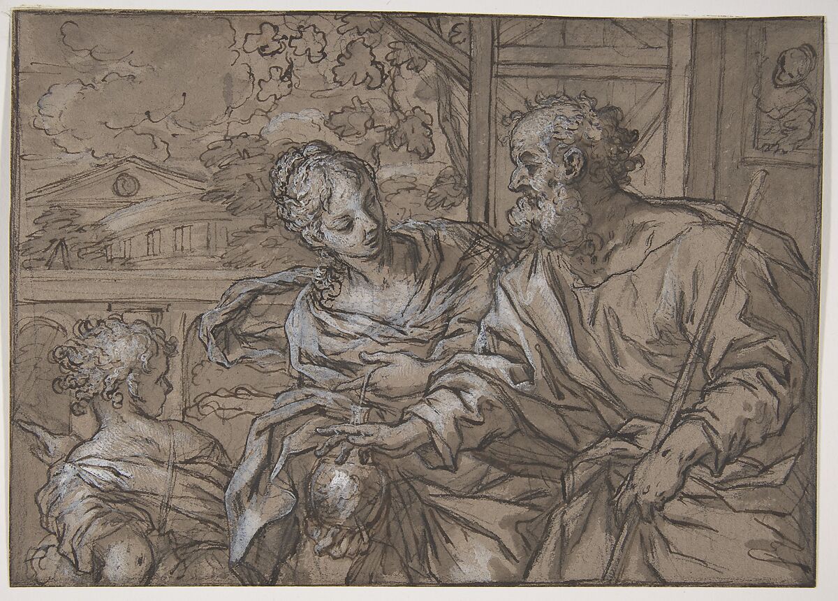 The Dismissal of Hagar, Giuseppe Nicola Nasini (Italian, Castel del Piano 1657–1736 Siena), Pen and brown ink, brush and brown wash, highlighted with white, over black chalk, on brown paper 