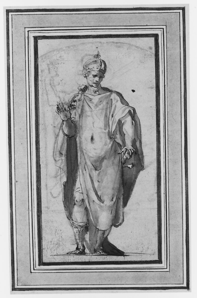 Standing Figure of a Warrior King, Cesare Nebbia (Italian, Orvieto ca. 1536–1614 Orvieto), Pen and brown ink, brush and brown wash, over black chalk