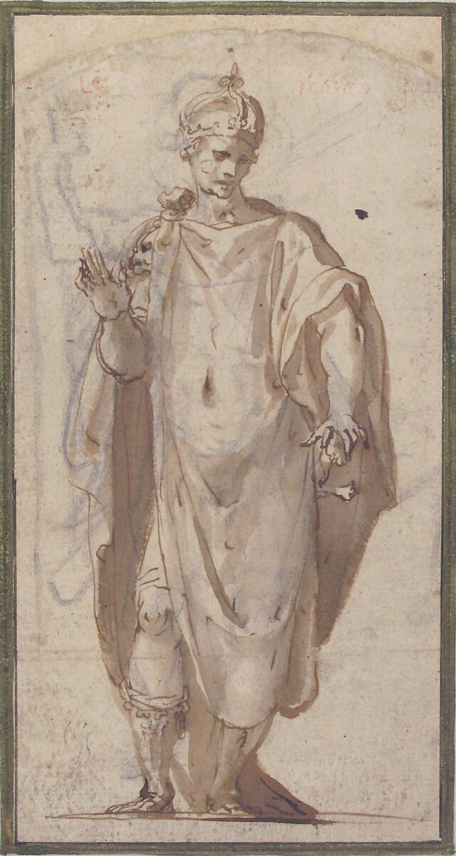 Standing Figure of a Warrior King, Cesare Nebbia (Italian, Orvieto ca. 1536–1614 Orvieto), Pen and brown ink, brush and brown wash, over black chalk