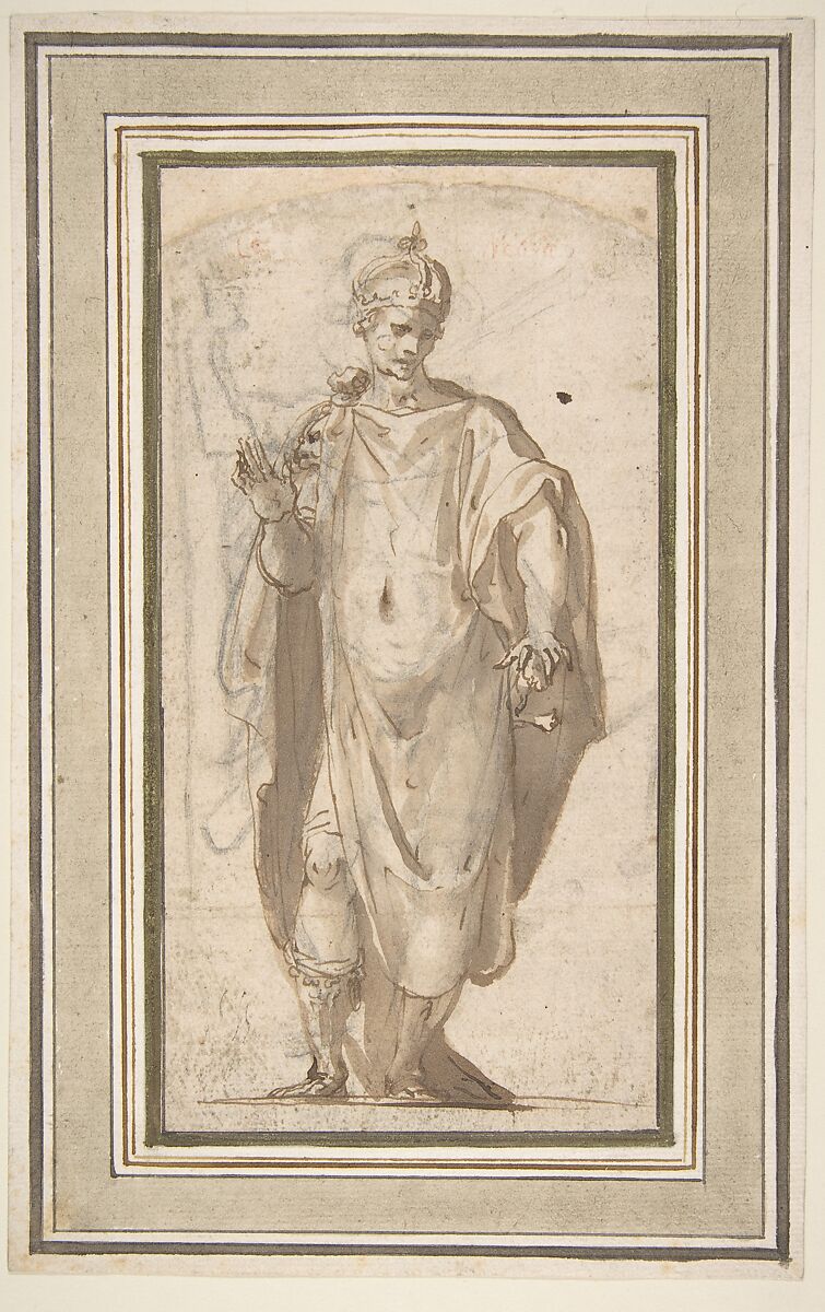 Standing Figure of a Warrior King, Cesare Nebbia (Italian, Orvieto ca. 1536–1614 Orvieto), Pen and brown ink, brush and brown wash, over black chalk 