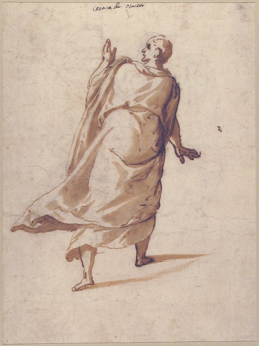 Banquet Scene: A Seated Warrior Attended by a Number of Servants (recto); Back View of a Standing Man in a Long Cloak (verso), Cesare Nebbia (Italian, Orvieto ca. 1536–1614 Orvieto), Pen and brown ink (recto); pen and brown ink, brush and brown wash, over black chalk (verso)