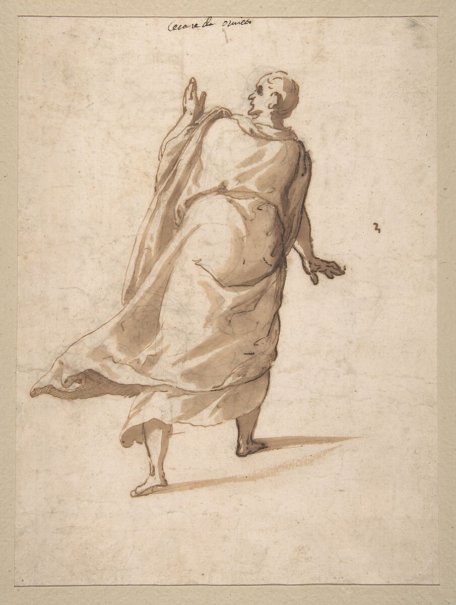 Banquet Scene: A Seated Warrior Attended by a Number of Servants (recto); Back View of a Standing Man in a Long Cloak (verso), Cesare Nebbia (Italian, Orvieto ca. 1536–1614 Orvieto), Pen and brown ink (recto); pen and brown ink, brush and brown wash, over black chalk (verso)