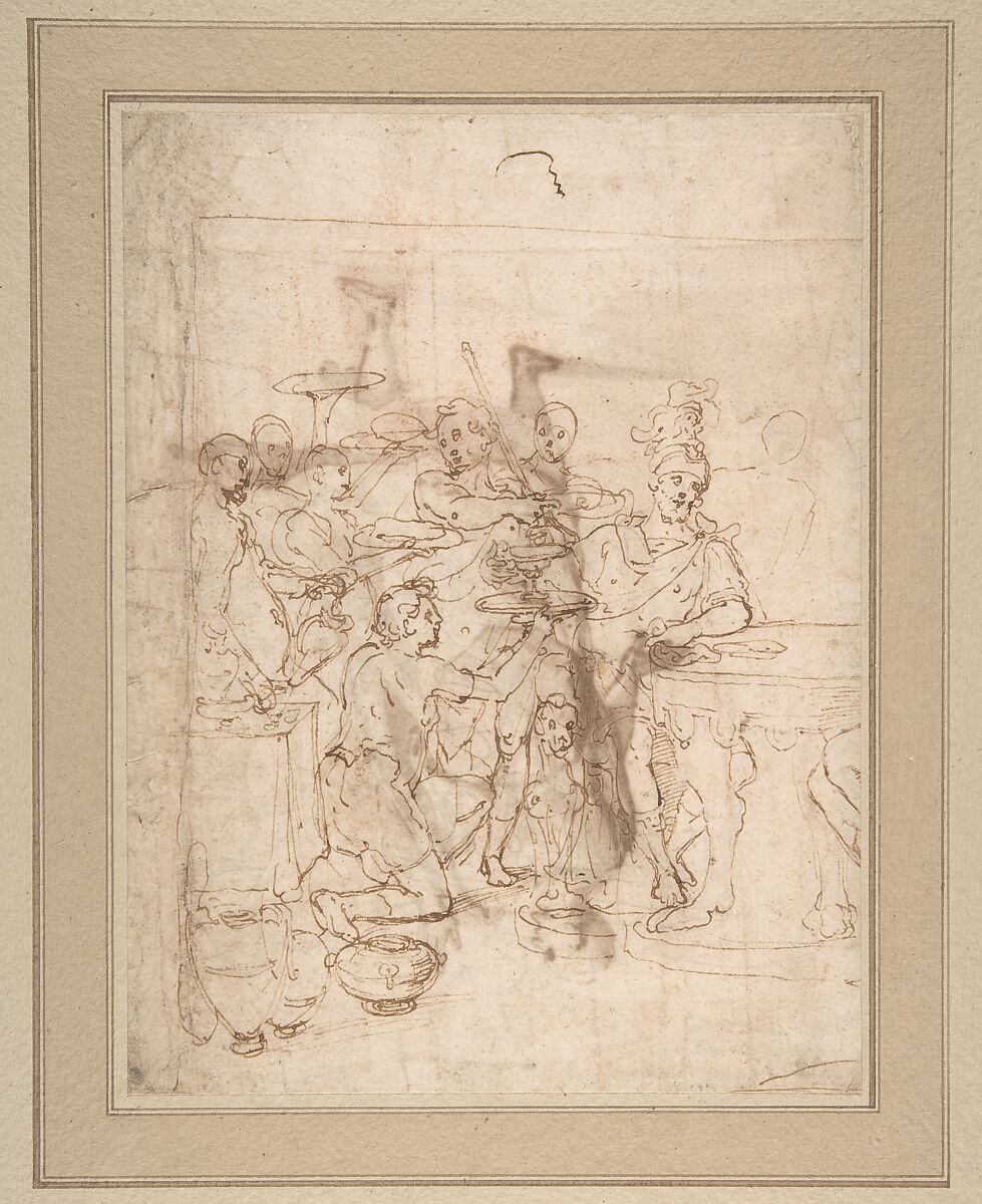 Banquet Scene: A Seated Warrior Attended by a Number of Servants (recto); Back View of a Standing Man in a Long Cloak (verso), Cesare Nebbia (Italian, Orvieto ca. 1536–1614 Orvieto), Pen and brown ink (recto); pen and brown ink, brush and brown wash, over black chalk (verso) 