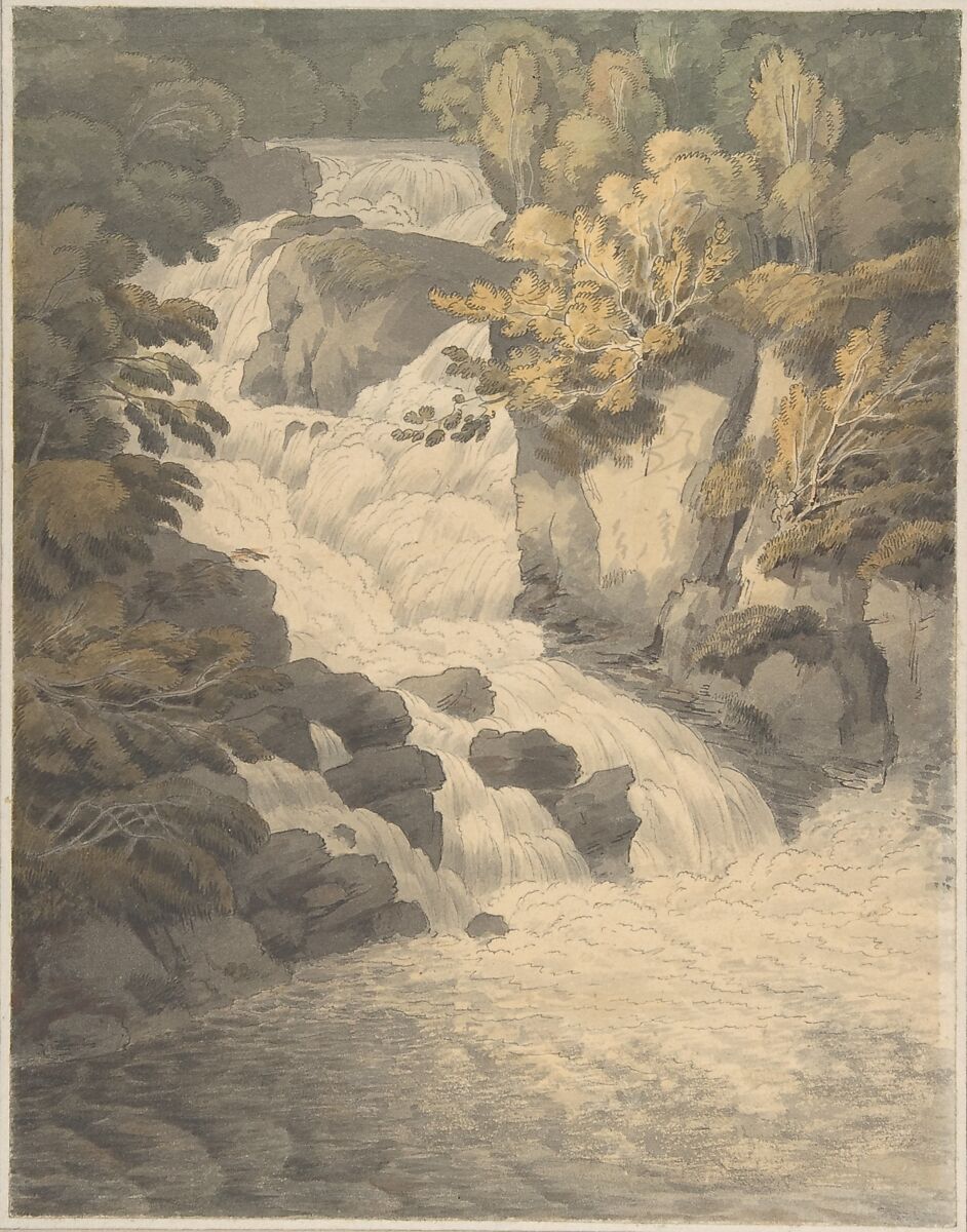 Cascade of the Aray at Inveraray (Scotland), John White Abbott (British, Exeter 1764–1851 Exeter), Watercolor, pen and gray ink; laid down on original paper mount with brown wash 