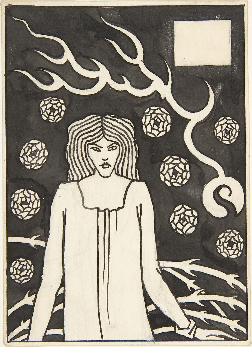 Young Woman Surrounded by Briars, Lightning and Roses (Chapter Heading, "Le Morte d'Arthur," J. M. Dent 1893–94, Part III, book vi, chapter xvii, p. 215 and Part VII, book x, chapter xxii, p. 500), Aubrey Vincent Beardsley (British, Brighton, Sussex 1872–1898 Menton), Pen and carbon black ink, brush and wash, over graphite 