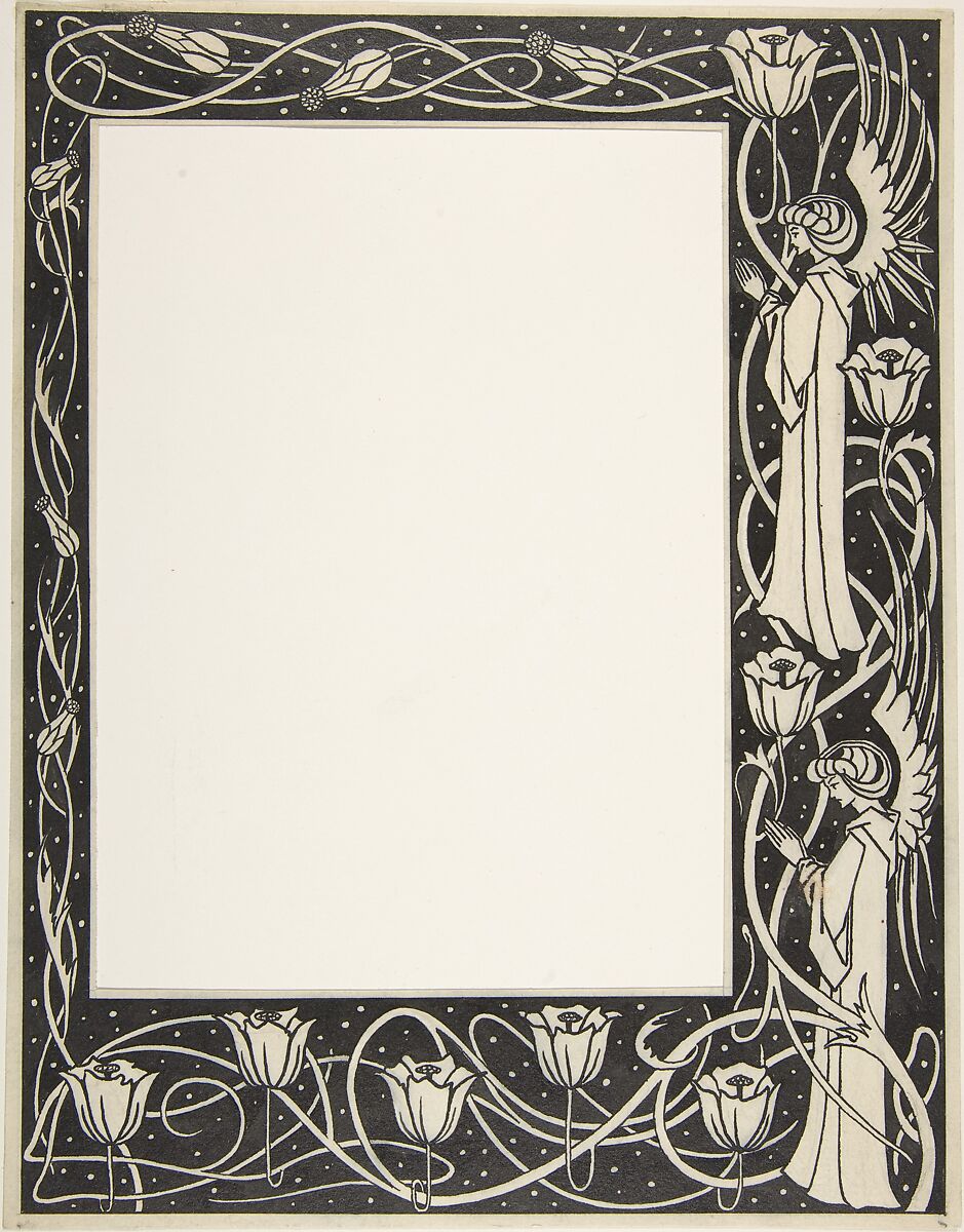 Praying Angels and Poppies (Border Design for Thomas Malory, "Le Morte d'Arthur," J. M. Dent 1893–94, Part III, book vii, chapter i, p. 219), Aubrey Vincent Beardsley (British, Brighton, Sussex 1872–1898 Menton), Pen and carbon black ink, brush and wash 