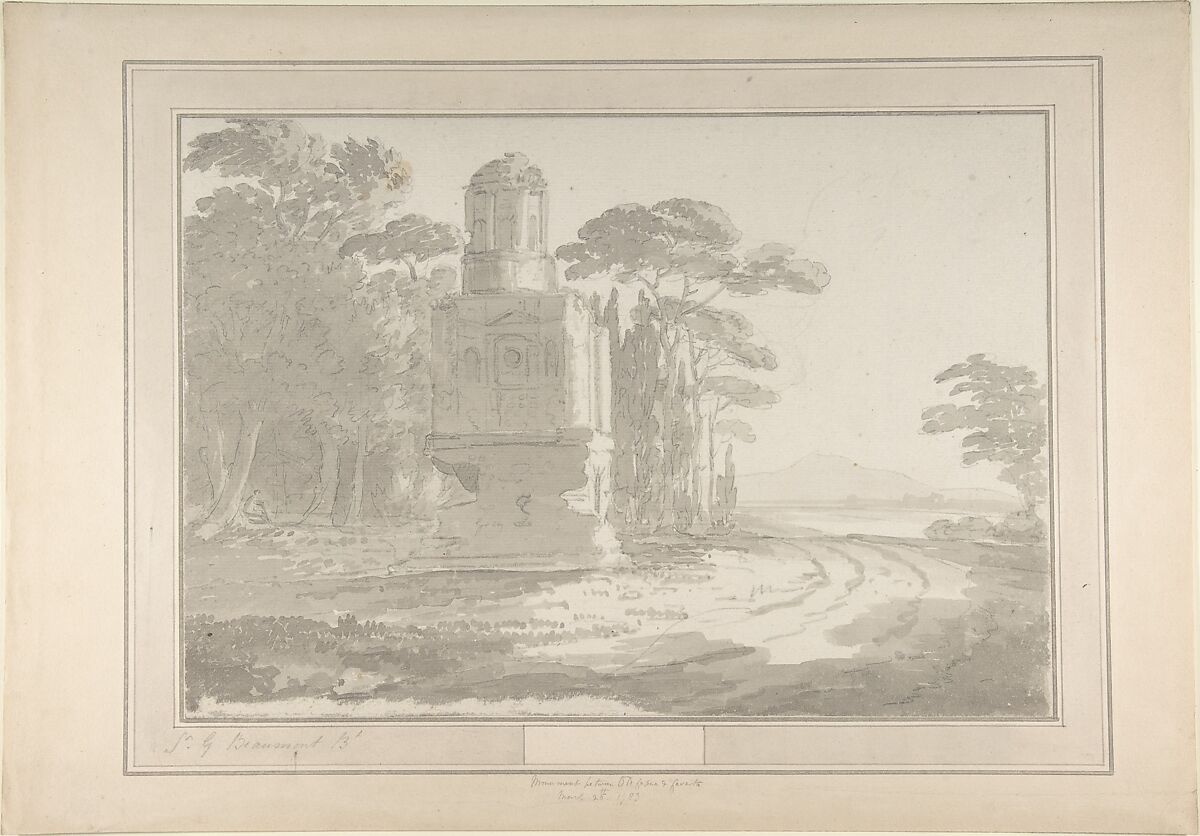 Italian Landscape with a Tomb, Sir George Howland Beaumont (British, Great Dunow, Essex 1753–1827 Coleorton, Leicestershire), Brush and gray wash, over black chalk 