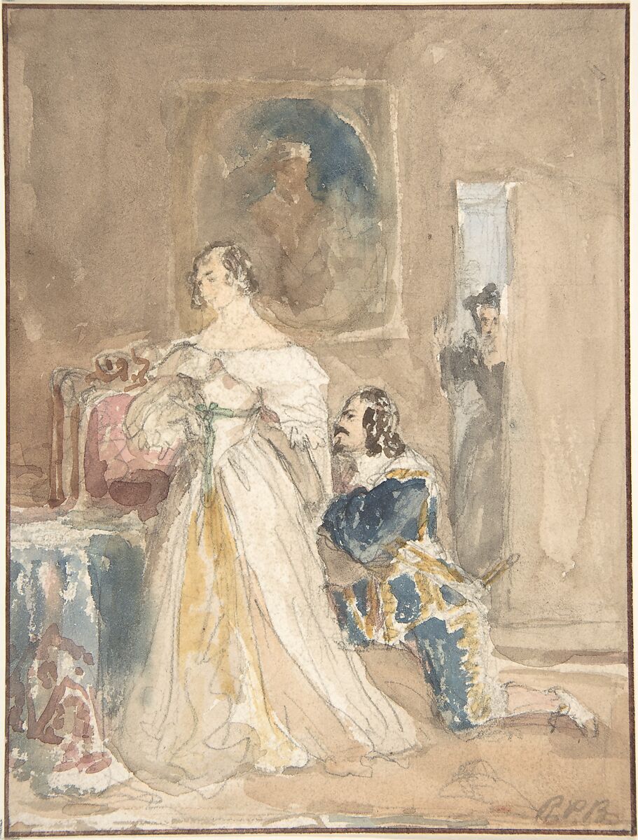 The Proposal (recto); Unfinished drawing of a horse and rider (verso), Attributed to Richard Parkes Bonington (British, Arnold, Nottinghamshire 1802–1828 London), Brush and watercolor over graphite (recto); graphite (verso) 
