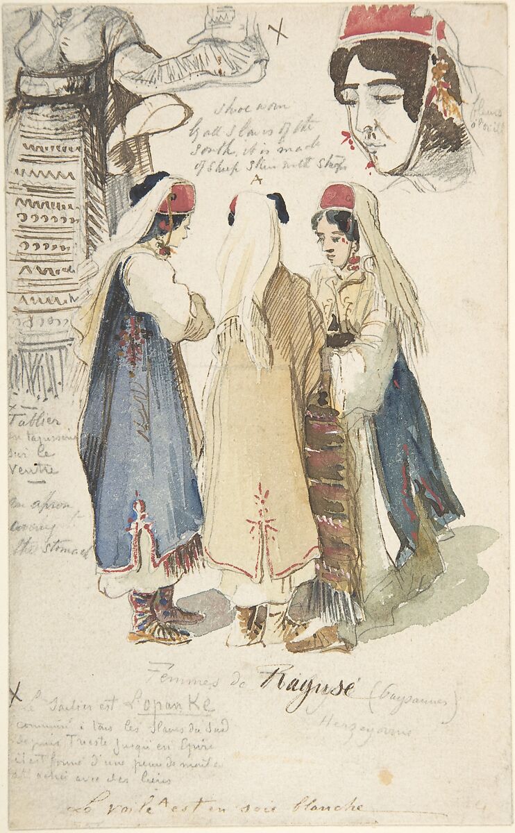 Peasant Women from Ragusa, Edward Lear (British, London 1812–1888 San Remo), Graphite, pen and brown ink, brush and watercolor 
