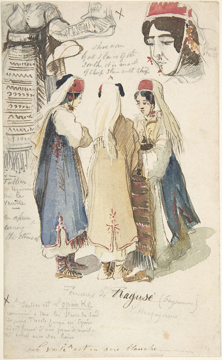 Peasant women from Ragusa, Edward Lear (British, London 1812–1888 San Remo), Graphite, pen and brown ink, brush and watercolor 