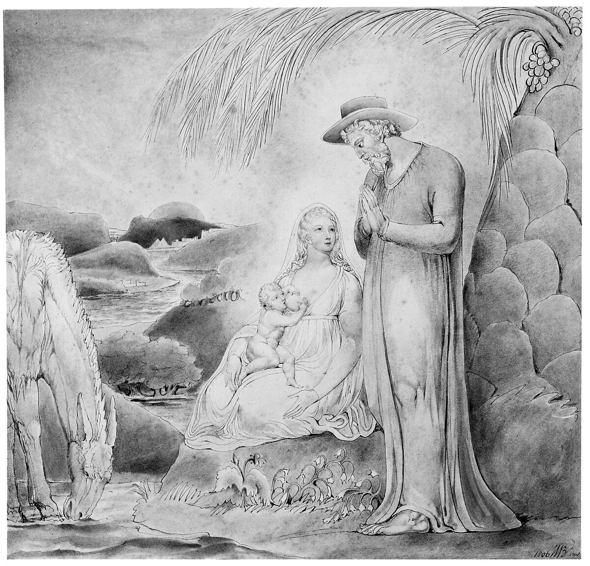 The Rest on the Flight into Egypt (The Repose of the Holy Family in Egypt), William Blake (British, London 1757–1827 London), Watercolor, pen and black ink, over graphite