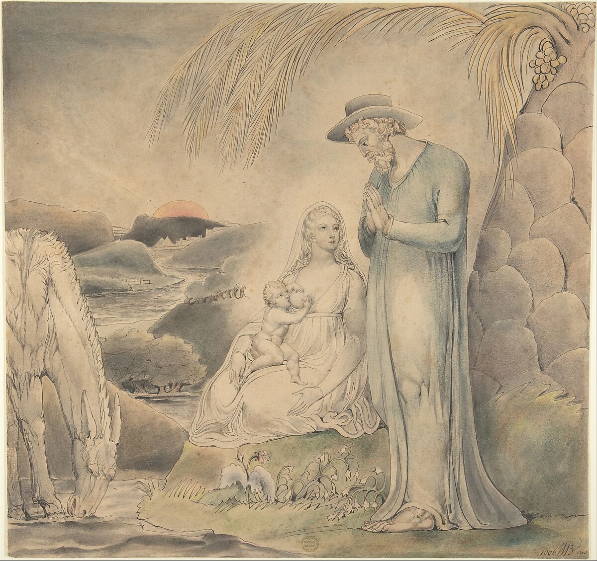 The Rest on the Flight into Egypt (The Repose of the Holy Family in Egypt), William Blake (British, London 1757–1827 London), Watercolor, pen and black ink, over graphite 