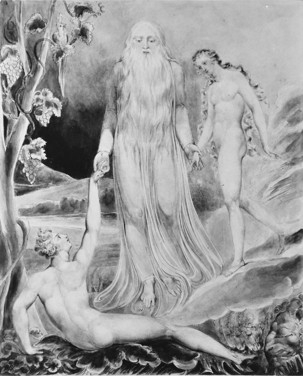Angel of the Divine Presence Bringing Eve to Adam (The Creation of Eve: "And She Shall be Called Woman) (recto); Sketch for the same (verso), William Blake (British, London 1757–1827 London), Watercolor, pen and black ink, over graphite