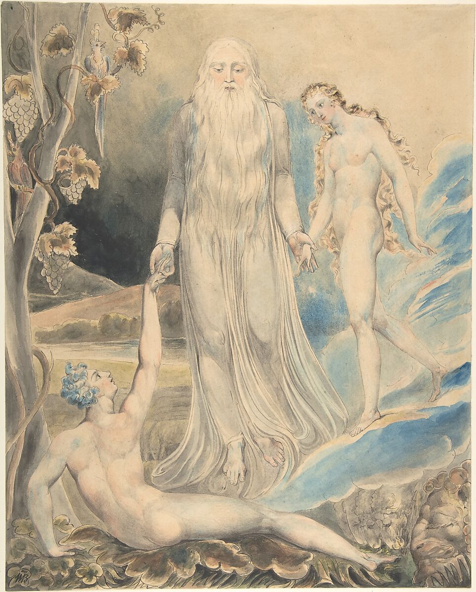 Angel of the Divine Presence Bringing Eve to Adam (The Creation of Eve: "And She Shall be Called Woman) (recto); Sketch for the same (verso), William Blake  British, Watercolor, pen and black ink, over graphite