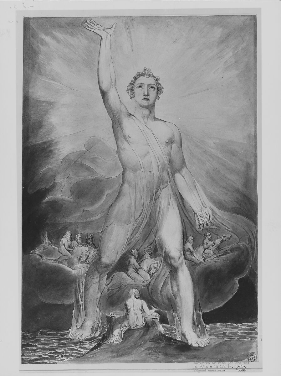 Angel of the Revelation (Book of Revelation, chapter 10), William Blake (British, London 1757–1827 London), Watercolor, pen and black ink, brush and wash, over traces of graphite