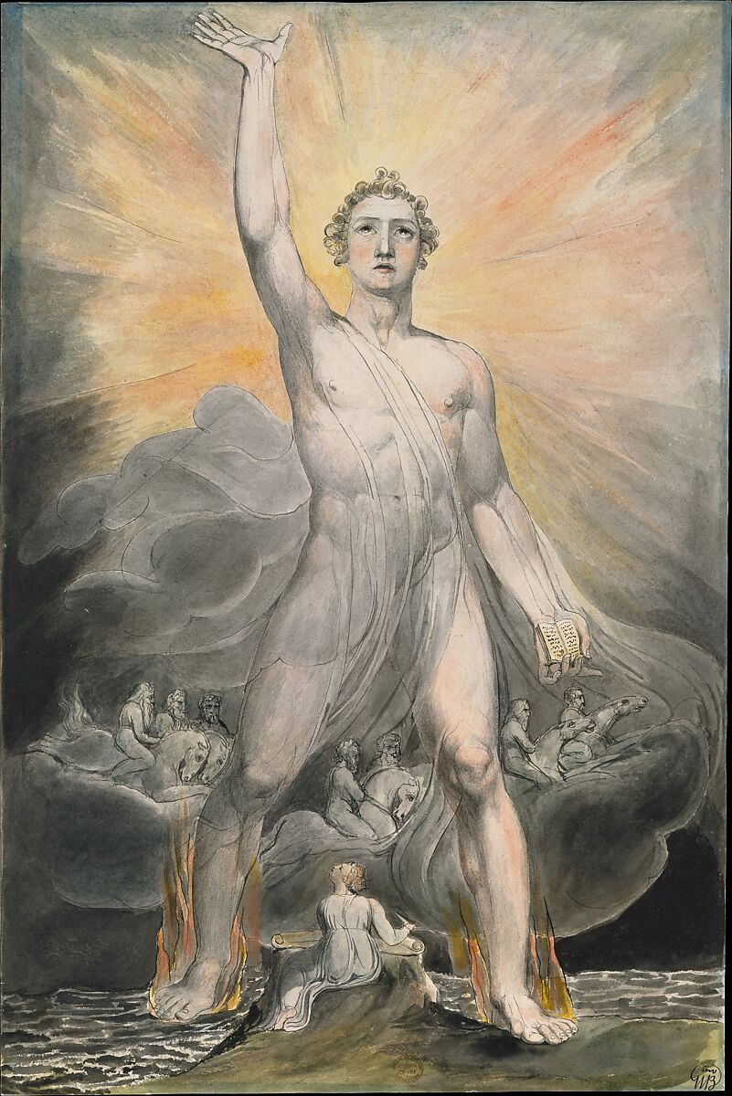 Angel of the Revelation (Book of Revelation, chapter 10), William Blake (British, London 1757–1827 London), Watercolor, pen and black ink, brush and wash, over traces of graphite