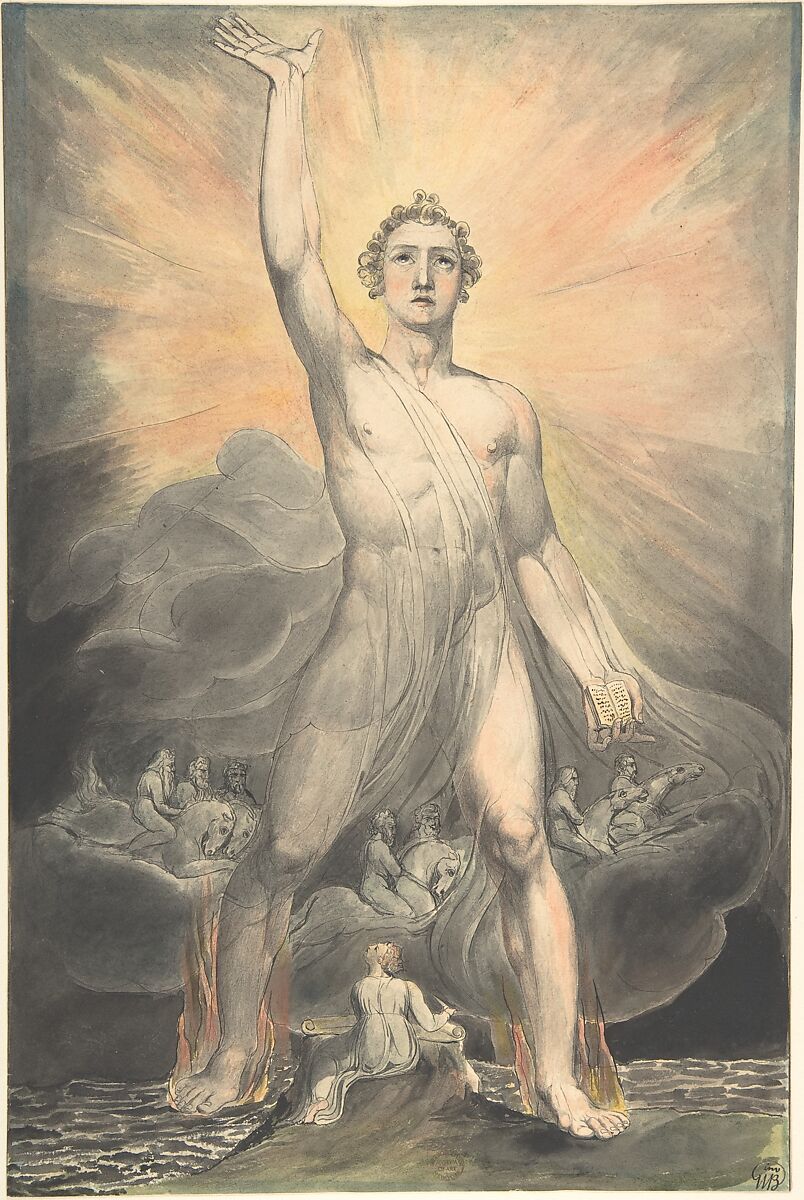 Angel of the Revelation (Book of Revelation, chapter 10), William Blake (British, London 1757–1827 London), Watercolor, pen and black ink, brush and wash, over traces of graphite 