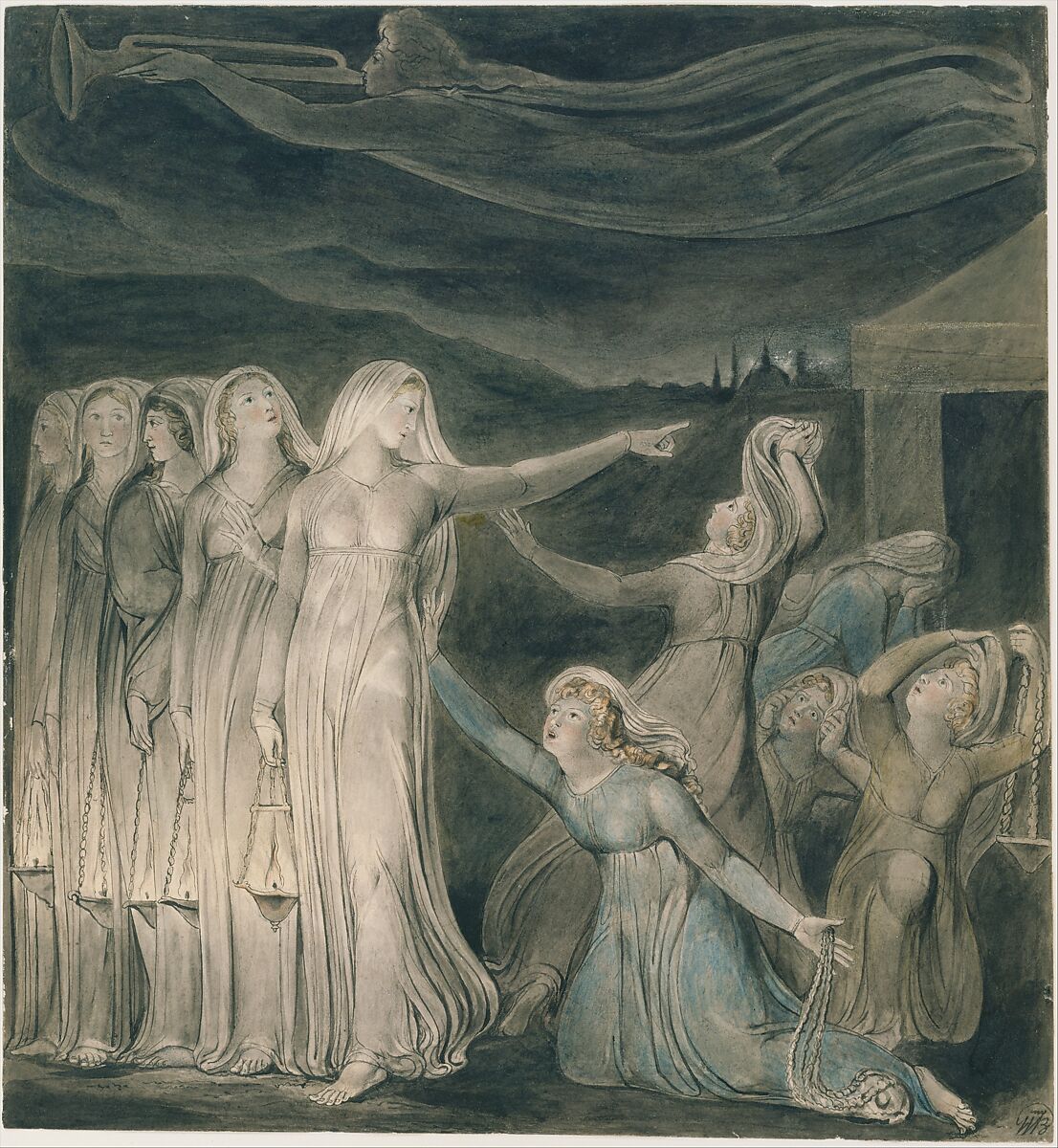 The Parable of the Wise and Foolish Virgins, William Blake (British, London 1757–1827 London), Watercolor, pen and black ink, brush and wash, over graphite