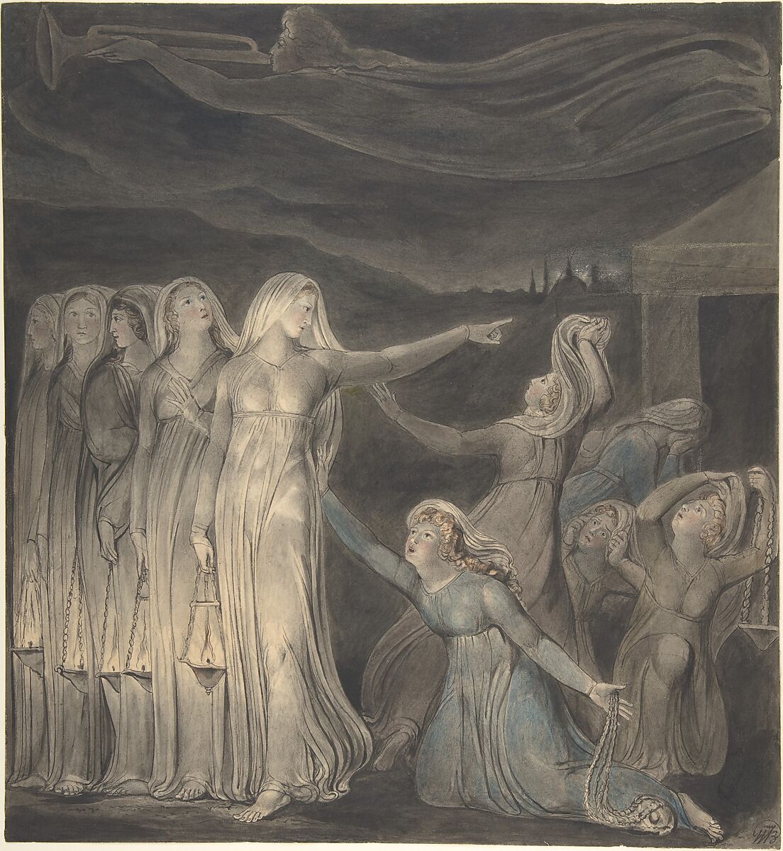 The Parable of the Wise and Foolish Virgins, William Blake (British, London 1757–1827 London), Watercolor, pen and black ink, brush and wash, over graphite 