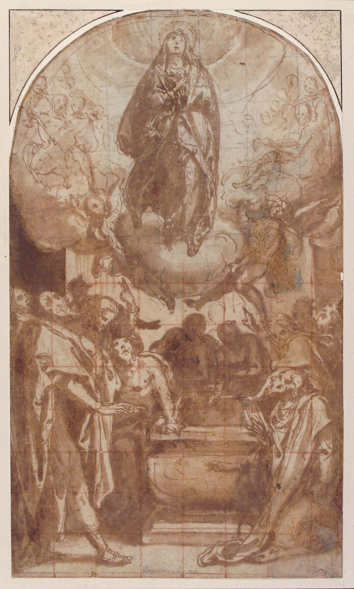 The Assumption of the Virgin, Cesare Nebbia (Italian, Orvieto ca. 1536–1614 Orvieto), Pen and brown ink, brush and brown wash; squared in red and black chalk