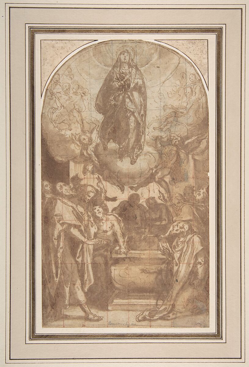 The Assumption of the Virgin, Cesare Nebbia (Italian, Orvieto ca. 1536–1614 Orvieto), Pen and brown ink, brush and brown wash; squared in red and black chalk 