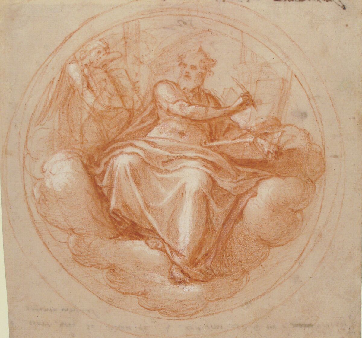 Saint Mathew and the Angel, Cesare Nebbia (Italian, Orvieto ca. 1536–1614 Orvieto), Red chalk, highlighted with white; the circular field of the image is incised with a compass