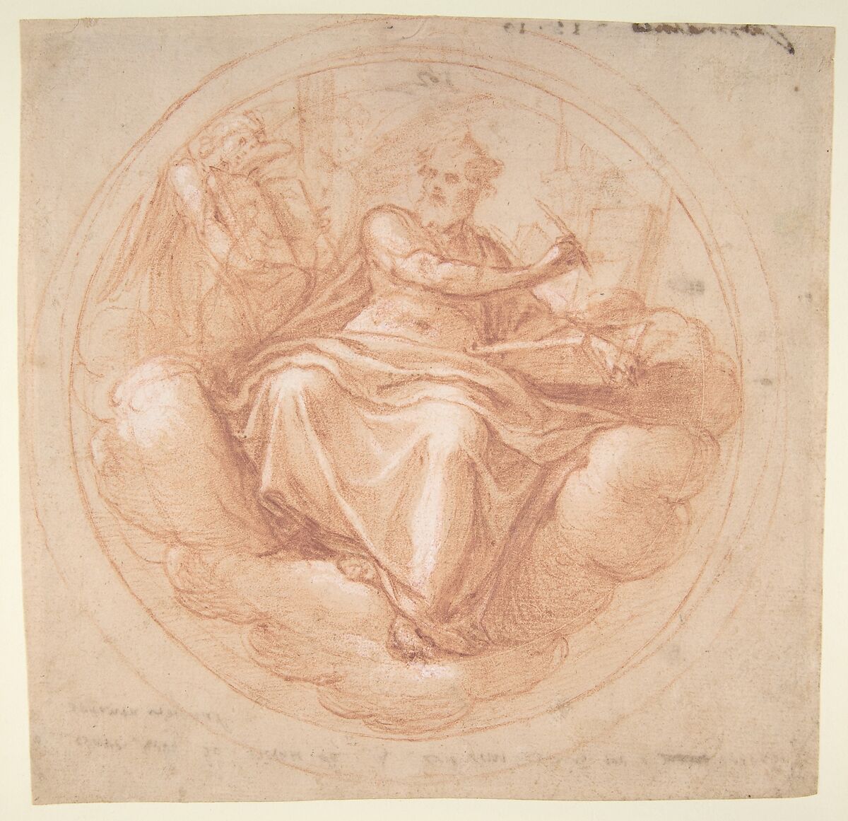 Saint Mathew and the Angel, Cesare Nebbia (Italian, Orvieto ca. 1536–1614 Orvieto), Red chalk, highlighted with white.  The circular field of the image is incised with a compass 