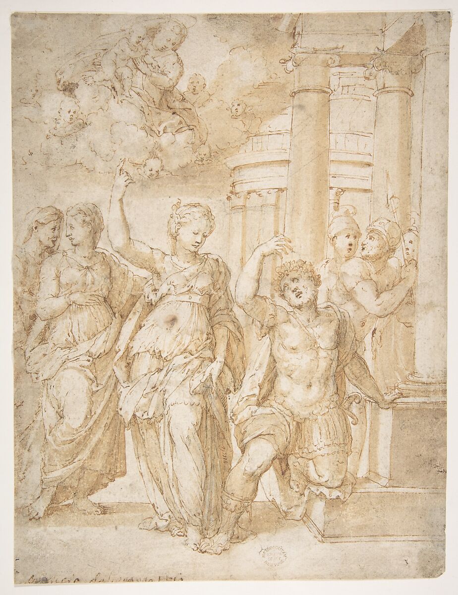 Sibyl Announcing the Birth of Christ to the Emperor Augustus, Bartolomeo Neroni (Il Riccio) (Italian, Siena 1505/15–1571 Siena), Pen and brown ink, brush and pale brown wash, over black chalk 