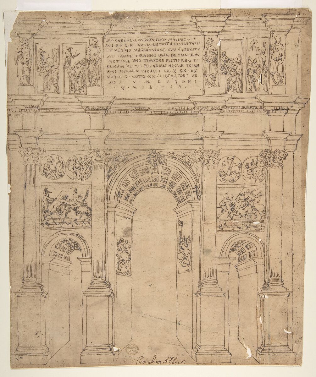 Arch of Constantine, Rome, attributed to Bartolomeo Neroni (Il Riccio) (Italian, Siena 1505/15–1571 Siena), Pen and ink, brush and brown wash 