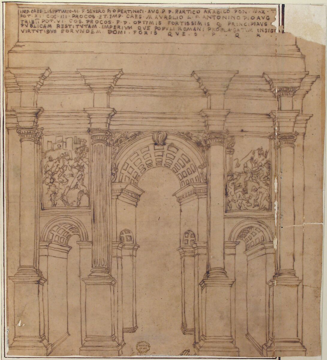 Arch of Septimius Severus, Rome, Attributed to Bartolomeo Neroni (Il Riccio) (Italian, Siena 1505/15–1571 Siena), Pen and ink, brush and brown wash