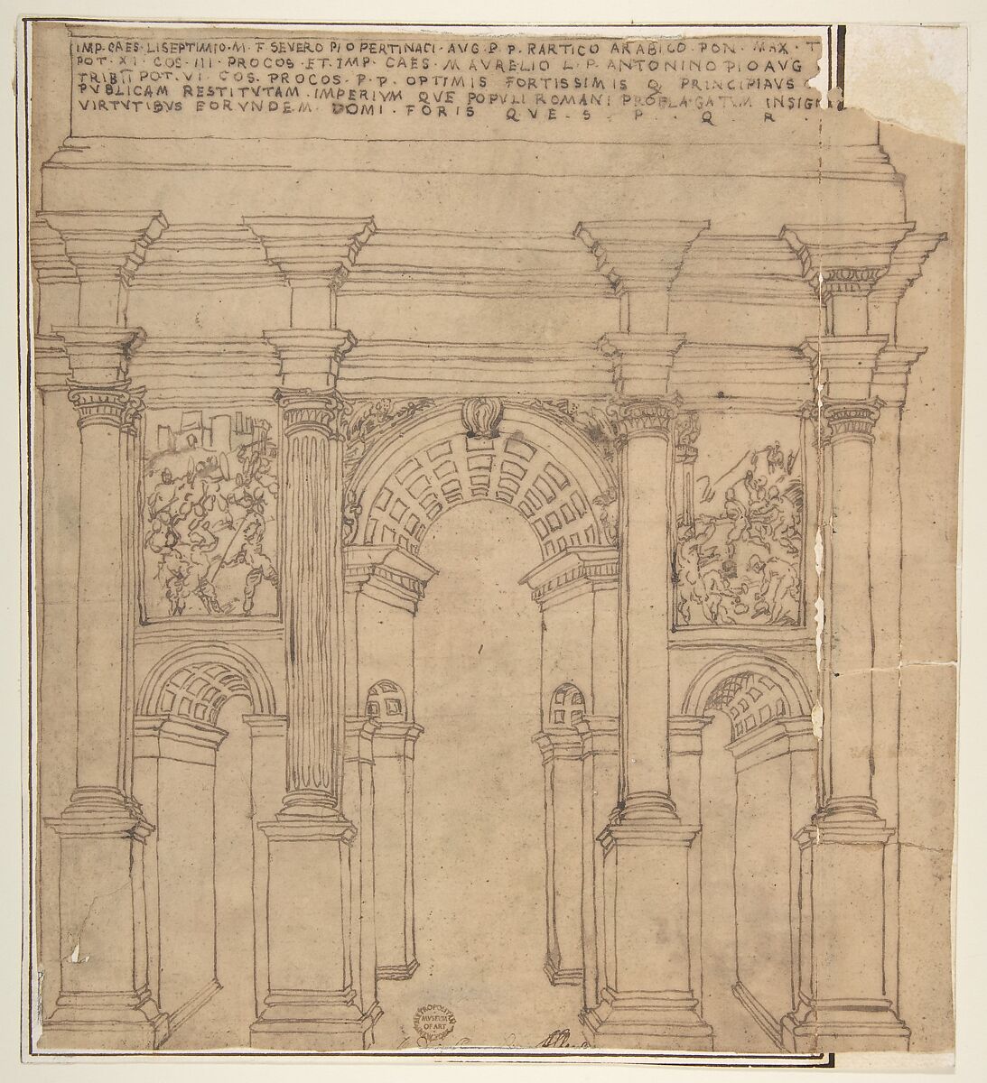 Arch of Septimius Severus, Rome, attributed to Bartolomeo Neroni (Il Riccio) (Italian, Siena 1505/15–1571 Siena), Pen and ink, brush and brown wash 